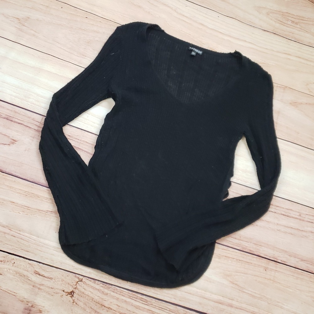 Express Shirt Womens Extra Small Black Long Sleeve‎ Lightweight Knit Lace Sides - Picture 2 of 11